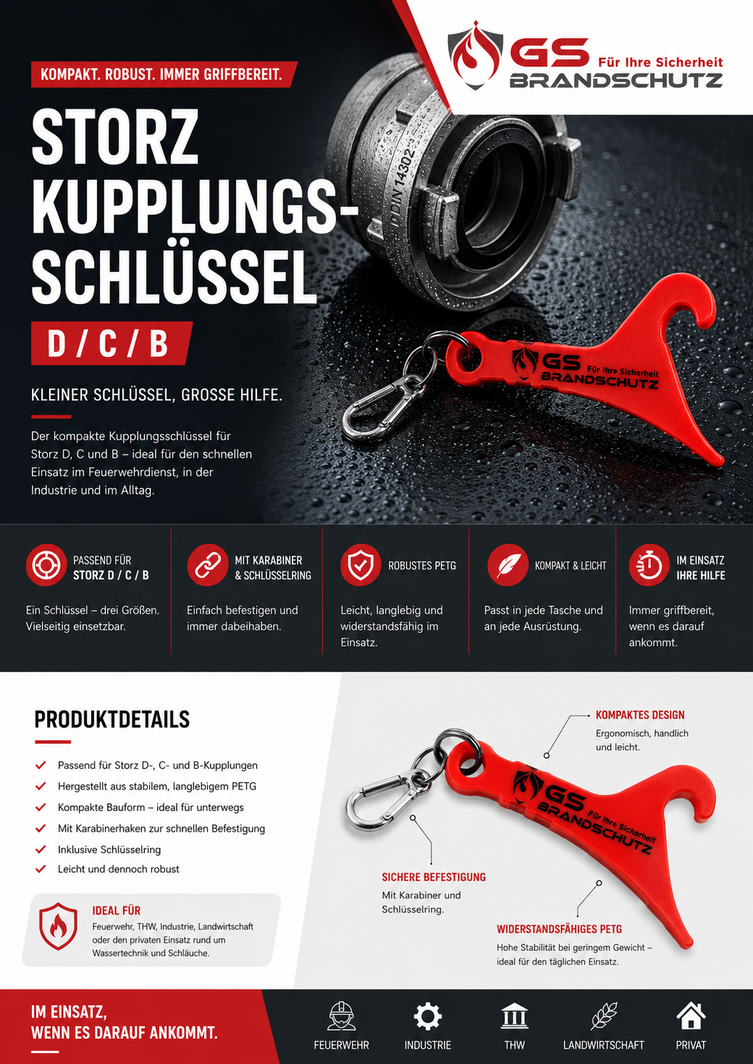Storz Mini-Kupplungsschlüssel D/C/B mit Karabiner - GS Brandschutz