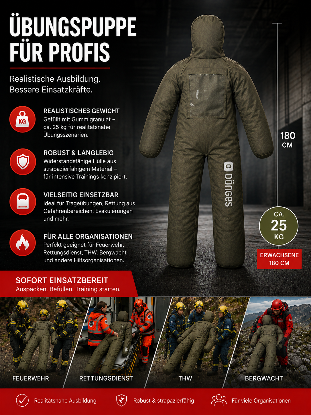 Dönges Übungspuppe Erwachsener 180cm, 25kg,  Feuerwehr, Rettungsdienst, THW, fertig gefüllt
